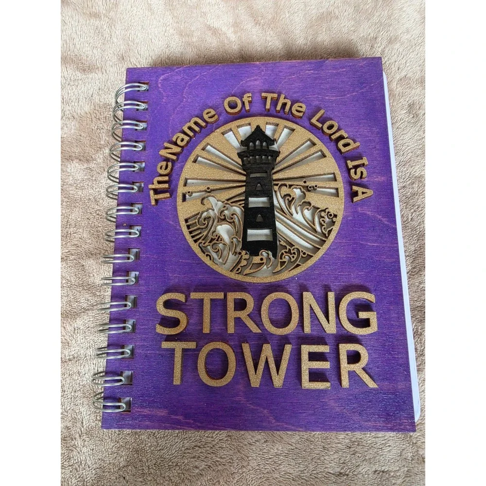 Red Letter Laser Wood Notebook Strong Tower Lighthouse Purple Religious Journal